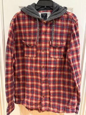 Quiksilver Red and Yellow Plaid Hooded Shirt Jacket with Gray Hood